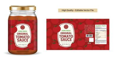 Tomato sauce label design. The packaging design of tomato hot sauce label with Jar mockup. Text in frames on seamless tomato pattern. Premium quality spice food label designs vector illustration.