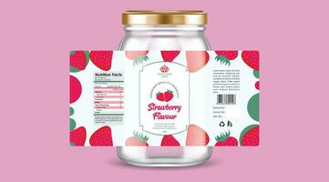 Strawberry flavour label design, strawberry jam packaging, fruit jam label design, strawberry flavor ice cream label, packaging design, strawberry label with glass jar and golden cap illustration vector