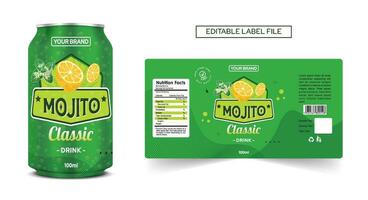 mojito bebida lata etiqueta diseño limón menta bebida etiqueta, cóctel etiqueta diseño. soda lata vector, energía bebida cóctel sin alcohol, suave bebida etiqueta modelo editable vector mojito diseño