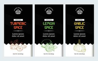 Spice Box Design Turmeric Label Lemon Label Garlic Spice Label Designs. Abstract Vector Labels Template Set. Hand Drawn Sketch Herbs, Spice Background and Minimal Style.