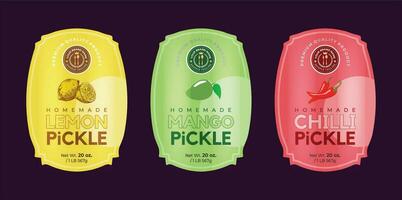 Pickle label design, spice food pickles packaging design, lemon pickles design, chili jalapeno mango vegetable spice Asian food illustration editable vector file