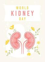 World kidney day banner or poster. Vector illustration in flat cartoon style. Healthy human kidneys with flowers and leaves