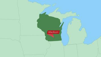 Map of Wisconsin with pin of country capital. vector