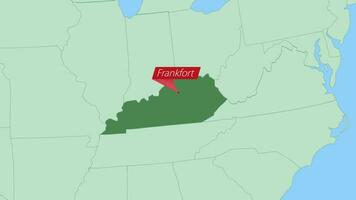 Map of Kentucky with pin of country capital. vector