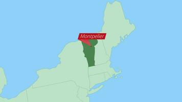 Map of Vermont with pin of country capital. vector