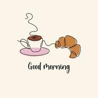 Cute composition with cup of coffee and croissant. National Croissant Day. Fresh French pastry. Breakfast food and Good morning lettering. Line art style vector illustration.