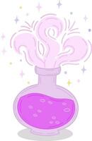 Vector illustration of a magic elixir. A bottle with a magic elixir for love spells, witchcraft and divination. Magical illustration and alchemy. A bottle with a miracle potion.