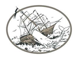 The white sperm whale attacks the ship. The mythical monster responsible for the shipwreck. Vector illustration in engraving style. Composition based on the legends of sailors in an oval rope frame.