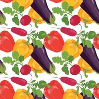 Vegetable seamless pattern. Vector products in flat style. Eggplant, bell pepper, radish and celery on a white background. Design for wallpaper, fabric, packaging.