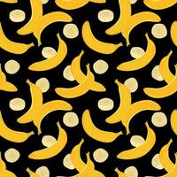 Banana seamless pattern on black background. Vector. Design for wrapping paper, textile, fabric. Yellow ripe exotic fruit, whole in peel and pieces of pulp. vector