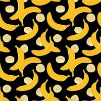 Banana seamless pattern on black background. Vector. Design for wrapping paper, textile, fabric. Yellow ripe exotic fruit, whole in peel and pieces of pulp. vector