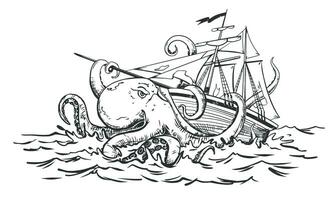 An enraged kraken attacks the arusnik. A mythical monster from the dark depths attacks the ship. The octopus wraps its tentacles around the ship and pulls it to the bottom. Vector image.