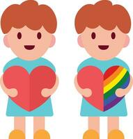 niño participación un rojo corazón y un arco iris de colores corazón plano estilo vector ilustración, chico participación un corazón lgbt representar valores vector imagen