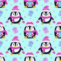 Vector seamless pattern with the image of penguins, gifts and snowflakes. Seamless vector printing on children's fabrics, wallpaper, textiles, packaging, design.