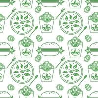 Vector pattern depicting fast food, hamburgers, onion rings, shrimp, lettuce. A set of fast food drawings on a white background. Ideal for menu design or food packaging.