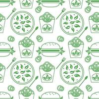 Vector pattern depicting fast food, hamburgers, onion rings, shrimp, lettuce. A set of fast food drawings on a white background. Ideal for menu design or food packaging.