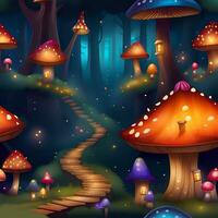 Drawing Illustration Magical Group Of Mushrooms In Forest. Generative AI photo