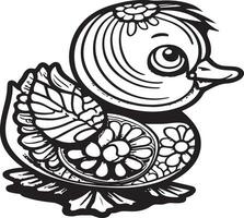 Black and white illustration for coloring animals, coloring book and cute duck. vector