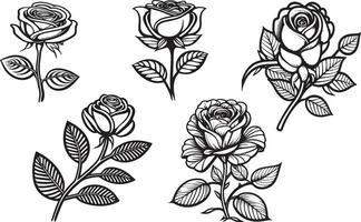 Rose Flower Clipart Black White Images. Hand drawn roses. Sketch rose flowers with leaves vector