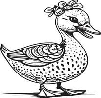 Black and white illustration for coloring animals, coloring book and cute duck. vector