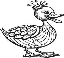 Black and white illustration for coloring animals, coloring book and cute duck. vector