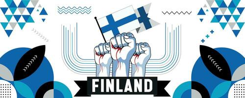 Finland national or independence day banner design for country celebration. Flag and map of Finland with raised fists. Modern retro design with abstract geometric icons. Vector illustration.