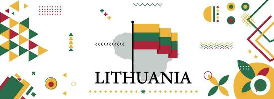 Lithuania national or independence day banner design for country celebration. Flag and map of Lithuania with modern retro design and abstract geometric icons. Vector illustration