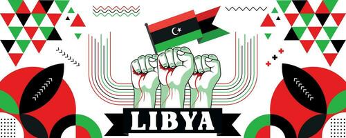 Libya national or independence day banner design for country celebration. Flag of Libya with raised fists. Modern retro design with abstract geometric icons. Vector illustration.