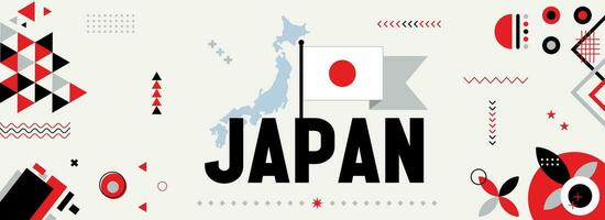 Japan national or independence day banner design for country celebration. Flag and map of Japan with modern retro design and abstract geometric icons. Vector illustration.