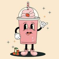 Vector cartoon illustration comic Milkshake with face in groovy retro style with drink. Square image of cute milk shake character with smile for advertising or concept