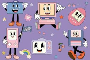 Groovy characters in the form computer pc, floppy disk, tetris and tamagochi mascots in retro cartoon style. Old games machine. Vector illustration