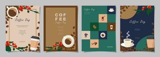 conjunto de bosquejo pancartas con café frijoles y hojas en vistoso antecedentes para póster, menú, café o otro modelo diseño. café día. vector ilustración.