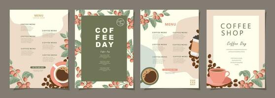 conjunto de bosquejo pancartas con café frijoles y hojas en vistoso antecedentes para póster, cubrir, menú o otro modelo diseño. vector ilustración.