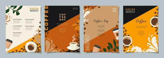 conjunto de bosquejo pancartas con café frijoles y hojas en vistoso antecedentes para póster, menú, café o otro modelo diseño. café día. vector ilustración.