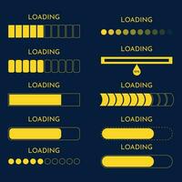 Set loading on monitor technology concept design. HUD loading process and status bars, vector interface icons. Yellow elements, blue background. HUD loading bars on digital screen, dashboard panel UI