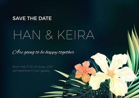 tropical wedding invitation with palm leaves and flowers vector