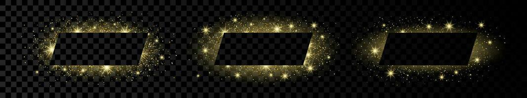 Set of three golden rectangle frames with glitter, sparkles and flares on dark background. Empty luxury backdrop. Vector illustration.