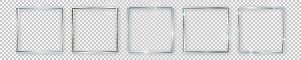 Set of five double silver shiny square frames with glowing effects and shadows on background. Vector illustration