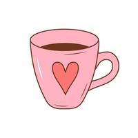 Cute mug with a heart. Glamour cup with tea or coffee. Color doodle icon. vector