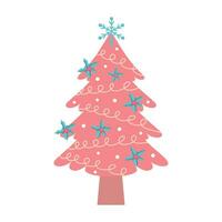 Pink christmas tree. Cute pastel decorated Christmas tree with holly and garland. vector