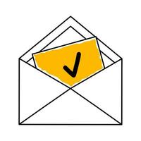 Open envelope with a sheet of paper with a check mark. Confirmation, acceptance, approval, verification concept. Linear icon with yellow shape. vector