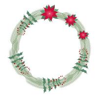 Christmas wreath made of fir branches, with red flowers and red berries, with a place for text. Flat vector illustration.