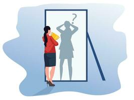 imposter syndrome, businesswoman looking shadow himself through mirror for Anxiety and lack of self confidence at work vector illustration.