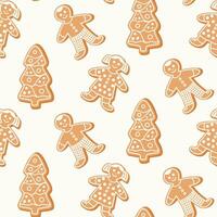 Seamless pattern of gingerbread Christmas cookies, on isolated background. Hand drawn design for Winter, Christmas and New Year celebration, for paper crafts or home decor. vector