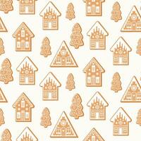 Seamless pattern of gingerbread Christmas house and trees cookies , on isolated background. Hand drawn design for Winter, Christmas and New Year celebration, for paper crafts or home decor. vector