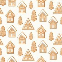 Seamless pattern of gingerbread Christmas house and trees cookies , on isolated background. Hand drawn design for Winter, Christmas and New Year celebration, for paper crafts or home decor. vector