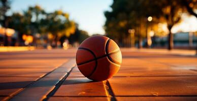 baloncesto en un abierto Corte a puesta de sol - ai generado imagen foto