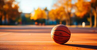 baloncesto en un abierto Corte a puesta de sol - ai generado imagen foto