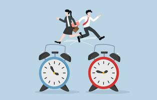 Swap work shifts, shift management and flexibility at work concept, Businessman jumping to working clock of colleague while his colleague jumping to his working clock. vector