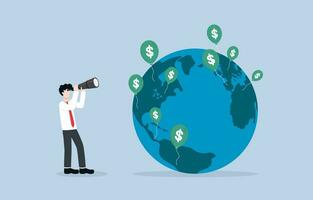 Searching country with good economy for investment opportunity, investor and inflation analysis concept, Businessman using telescope to  look at globe with many inflation balloons. vector